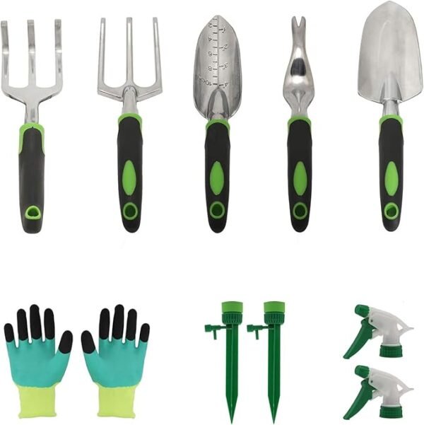 Juego de Herramientas de Jardín, Cuchara de Jardinería de Aluminio Fundido con Mango de Agarre Suave, Guantes de Jardinería, Cabezal de Irrigador Automático, 8 Piezas