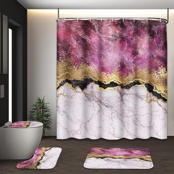 Juego de baño de mármol rosa (4 piezas): cortinas de ducha abstractas modernas con detalles dorados y negros, incluye alfombras y ganchos. Diseño de lujo.