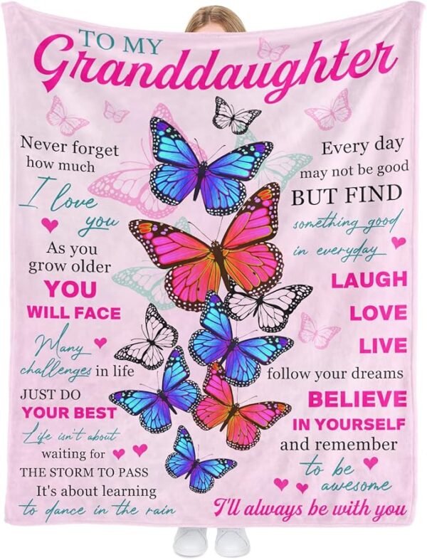 Regalo para nieta: manta de mariposa con palabras positivas, regalo impreso de cumpleaños, Navidad o graduación, tamaño 80x60 pulgadas.
