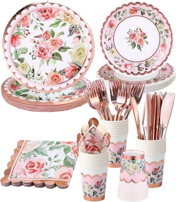 Set de fiesta vintage Rose Gold para 16 personas, incluye platos de papel, vasos, servilletas, ideal para despedidas de soltera, bodas y cumpleaños