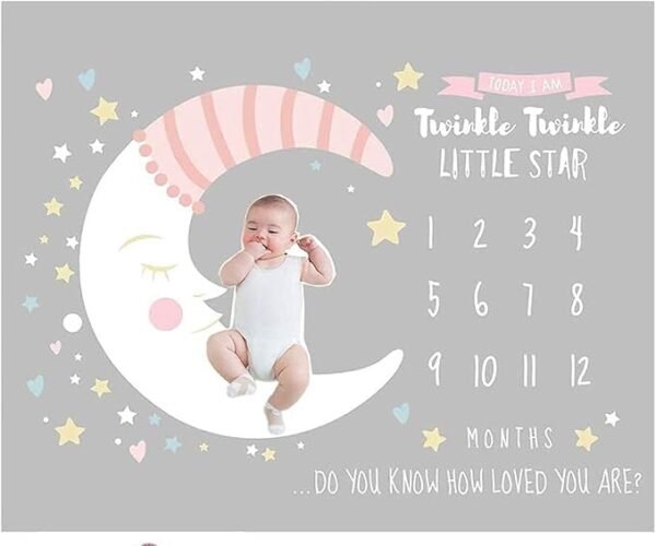 Manta mensual para bebé, diseño luna rosa y estrellas, con marco para diadema.