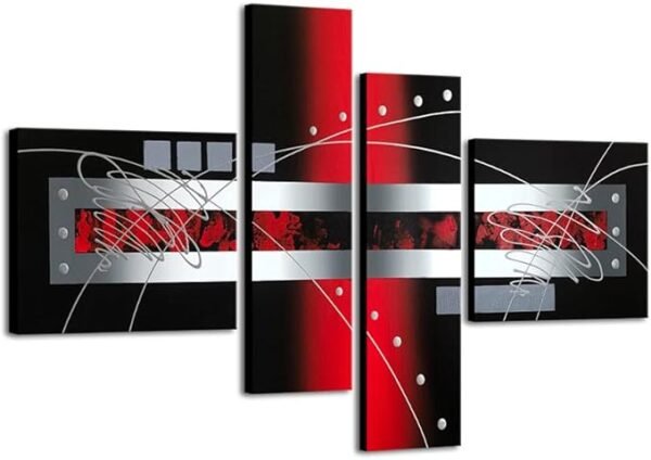 Wieco Art pintura al óleo abstracta roja y plata, estirado y enmarcado, arte para decoración del hogar