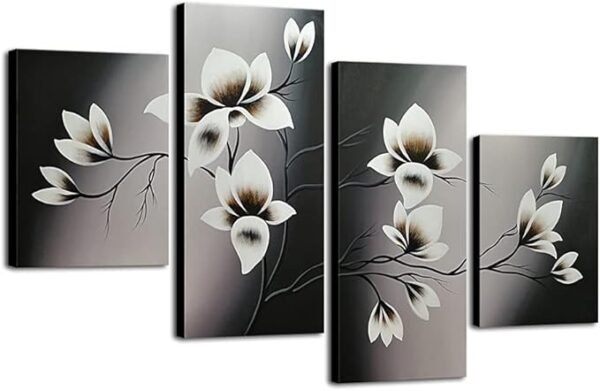 Wieco Art flores elegantes en pintura al óleo 4 paneles, decoración moderna para sala de estar y dormitorio