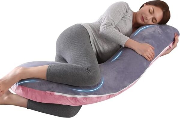 Wndy's Dream Almohada de embarazo en forma de J, almohada de maternidad, funda extraíble, soporte para piernas, cabeza, cuello y vientre (rosa gris).