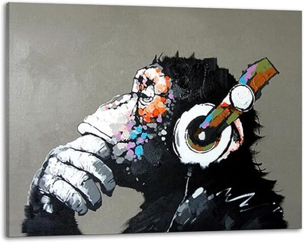 Muzagroo arte pintado a mano de mono escuchando música, pintura al óleo sobre lienzo grande para sala de estar