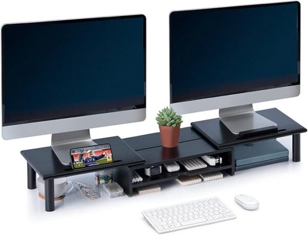 Soporte elevador de bambú para monitor dual, ajustable, con almacenamiento para 2-3 monitores