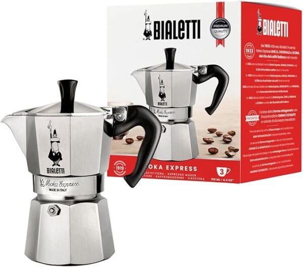 Bialetti Moka Express 3 Tazas, Cafetera Italiana, Aluminio, Plata.