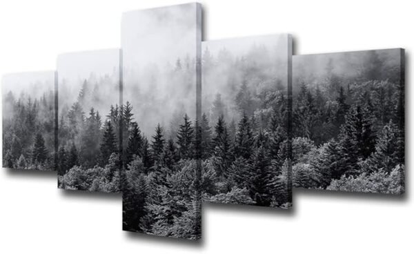 Lienzo 5 piezas Bosques brumosos con niebla para sala de estar, decoración moderna, listo para colgar