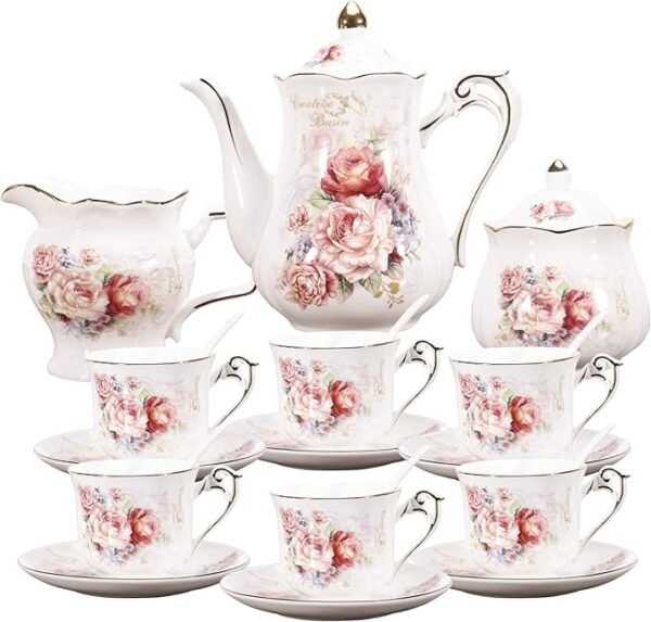 fanquare juego de té vintage de porcelana de 15 piezas, té de rosas para mujeres y adultos