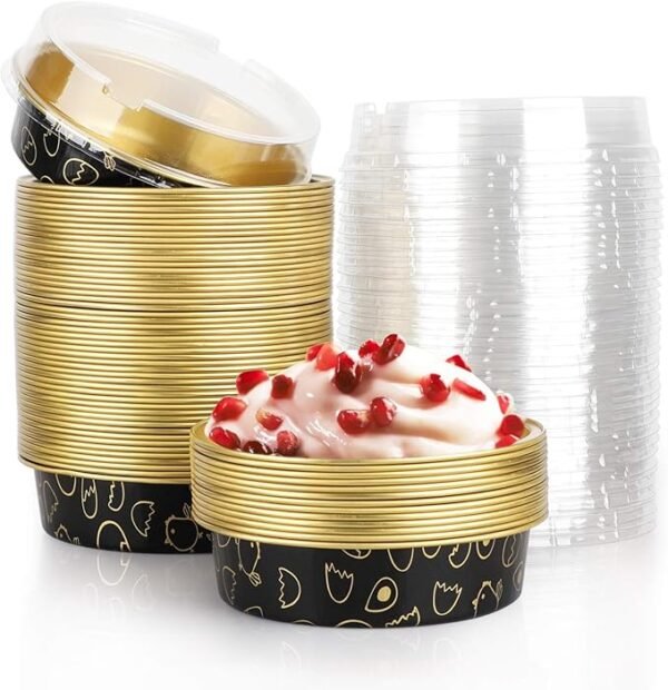 Beasea Mini moldes para tartas, paquete de 50, 4" con tapas, moldes de aluminio negro dorado