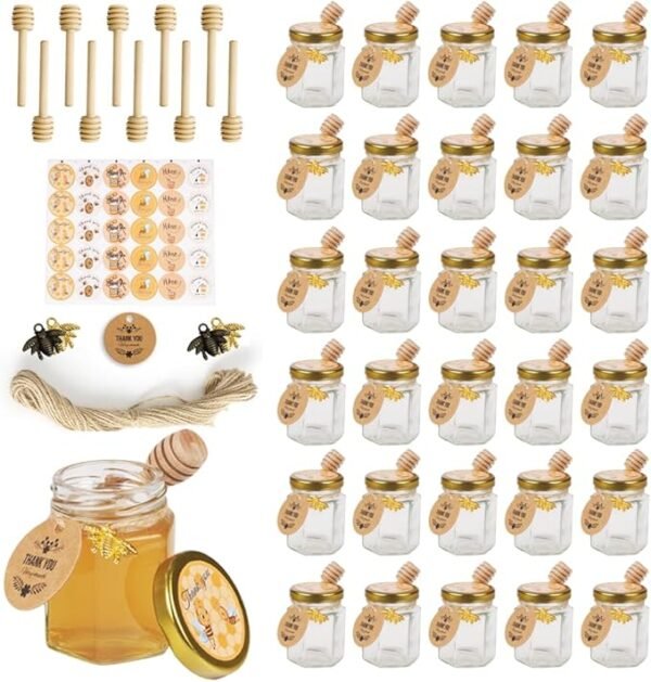 Mini tarros de miel hexagonales de cristal, 30 unidades, 3 oz, con tapa dorada y etiquetas de agradecimiento