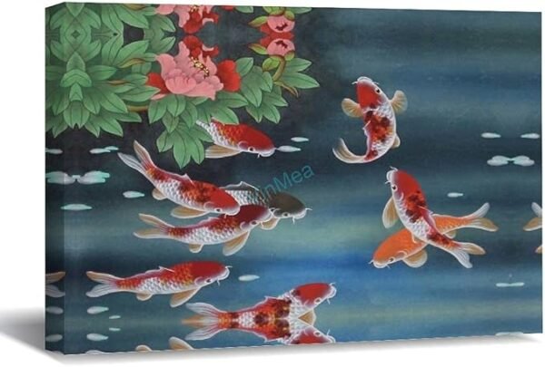 Pez Koi pintura al óleo sobre lienzo, arte moderno con marco de madera (12x16 in)