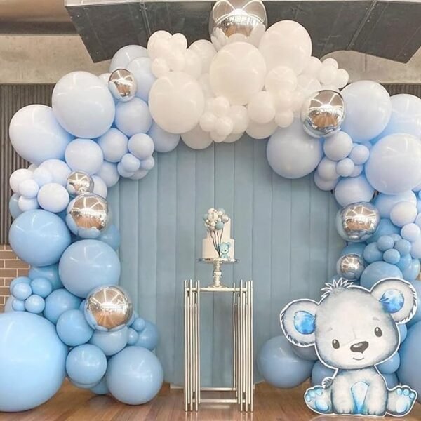 Kit de guirnalda de globos azul bebé, 114 piezas, arco de globo plateado y azul macarrón