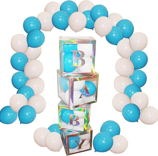 4 Cajas Bebé Arcoíris + 40 Globos Blancos/Azules, Baby Shower, Revelación Género.