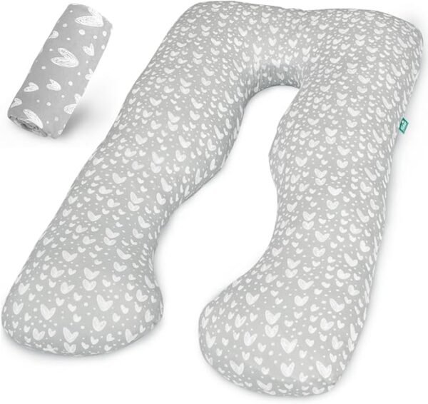 Funda de Almohada para Embarazo, Forma de U, Estampado Corazones Grises.