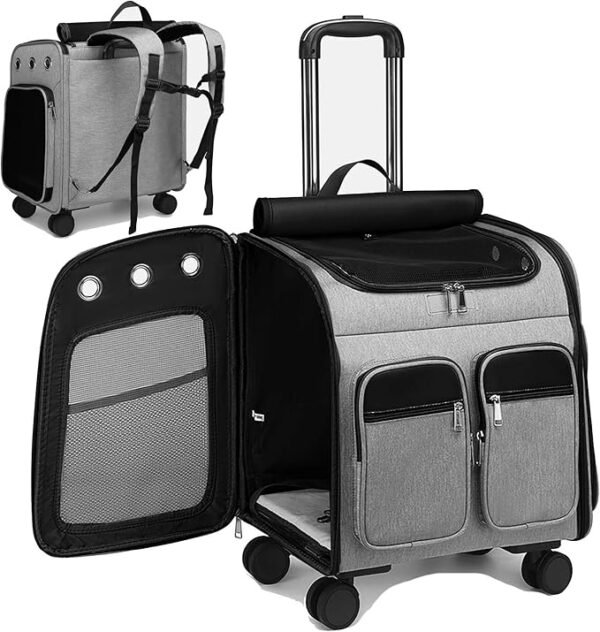 Mochila transportadora para mascotas con ruedas, asiento de coche, ventilación de malla