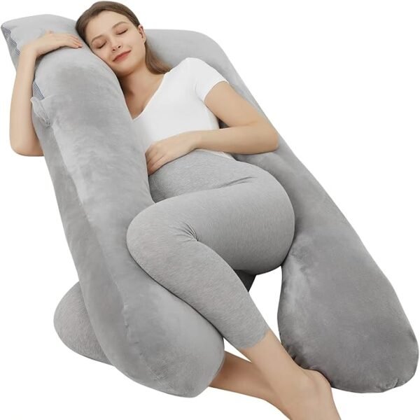 Almohada de embarazo en forma de U con funda de terciopelo extraíble, 55 pulgadas, gris.