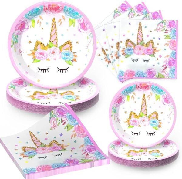 Decoraciones de cumpleaños de unicornio para niñas, juego de 96 piezas, platos y servilletas mágicas