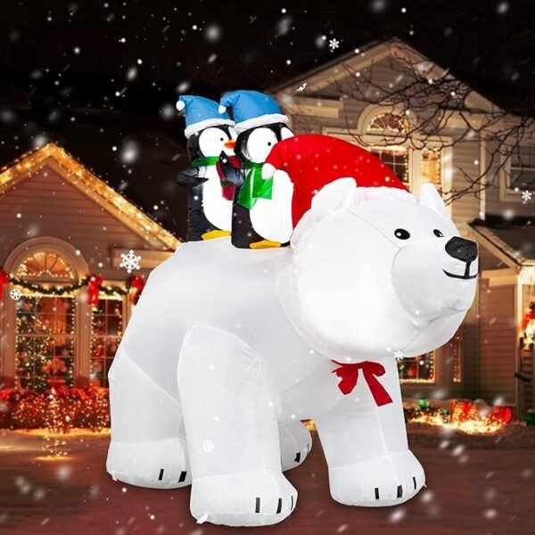 Oso polar inflable navideño 7 pies con pingüinos y luces LED para jardín y decoración exterior