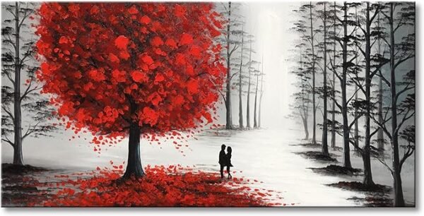 Pintura al óleo paisaje blanco y negro con árbol rojo, arte de pared para sala de estar