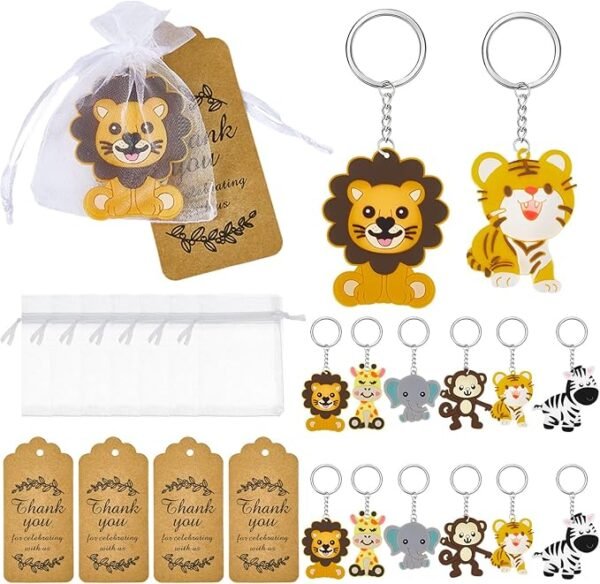 54Pzs Llaveros Animales Selva Safari Baby Shower, Zoológico, Etiquetas Agradecimiento, Bolsas Organza, Favor Cumpleaños.