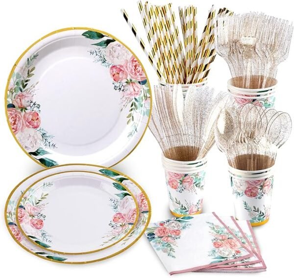 Suministros florales para fiestas, platos y tazas de despedida de soltera, para 16 invitados
