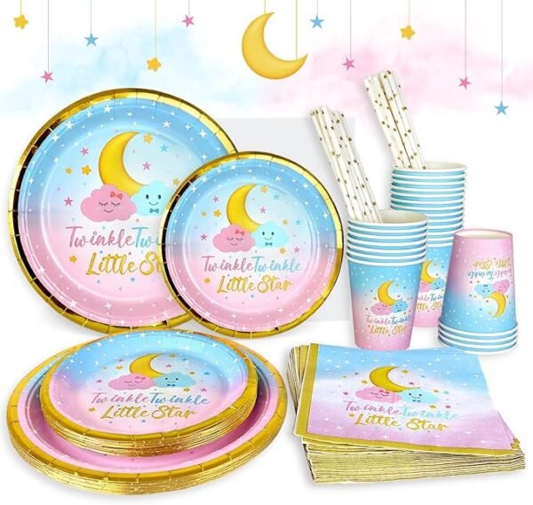 Platos Revelación Género Twinkle Star, 125 Pzs, 25 Invitados.