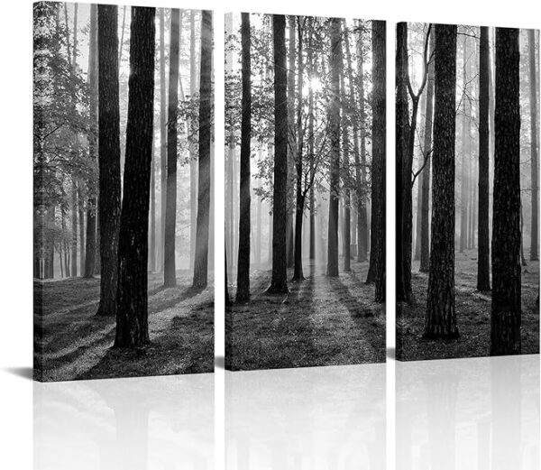 Arte de pared 3 piezas bosque blanco y negro, lienzo enmarcado para sala de estar