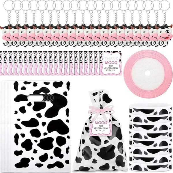Favores de fiesta de vaca, 81 piezas, llaveros, pulseras, bolsas y etiquetas de agradecimiento