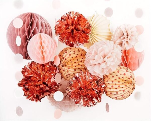 PapaKit Decoración Papel Premium, Pompón, Panal, Farol, Rosa Polvorienta/Oro.