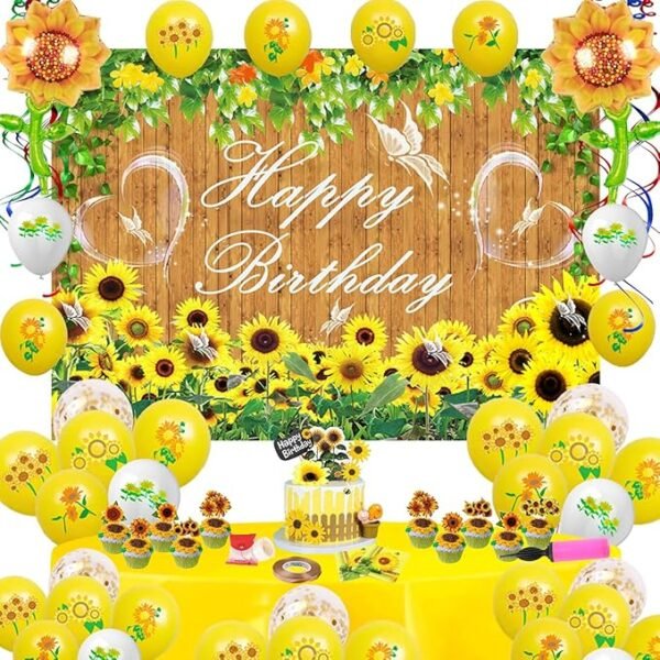 Fiesta Girasol, Decoración, Telón Fondo 5x4ft, Globos, Adornos Tarta.