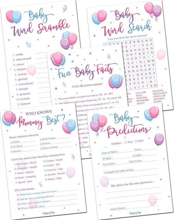 Juegos Revelación Género, 5 Juegos, 250 Tarjetas, Baby Shower.