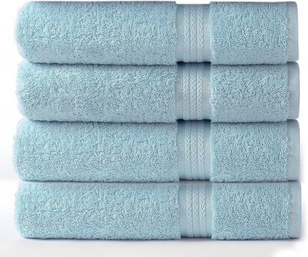 COTTON CRAFT Toallas de baño ultra suaves, paquete de 4 toallas grandes, 100% algodón, color azul claro